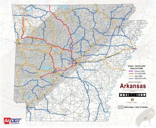HEAVY TRAFFIC EXPECTED - The shaded area of this map released b y the Arkansas Department of Transportation shows the path of totality across the state for the April 8 solar eclipse. The highlighted highways indicates routes that are expected to see significant traffic in the days leading up to and immediately after the eclipse. The roads are color coded to indicate "extreme" to "significant" traffic situations.