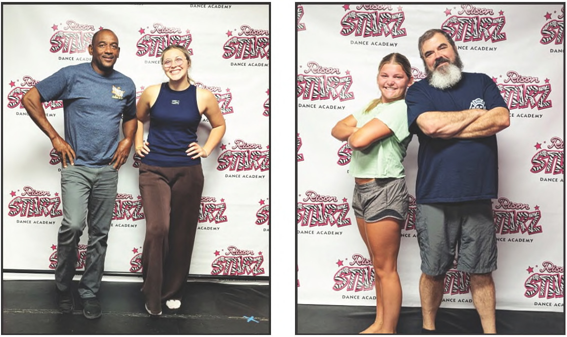 LEARNING NEW DANCES - Rison Firemen Travis Bell and Alan Parnell are two of the firefighters dancing with Ansley Homaday and Cayla Johnson at the July 25 fundraiser.