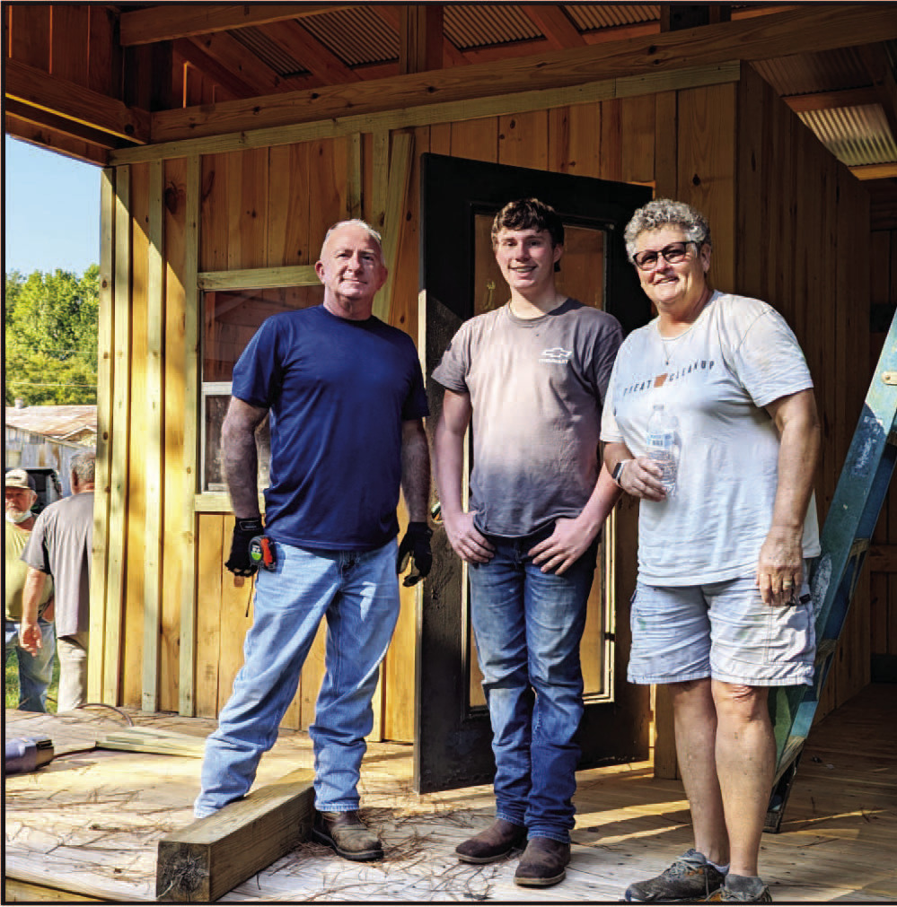 PROGRESS ON PIONEER VILLAGE JAIL - Construction has continued on the new jail at the Pioneer Village in Rison. Village President Marty Bowlin (right) wished to thank Landon Inman (center) for his contributions to the jail. Also pictured is Billy Bowlin (left).