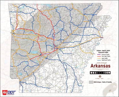 TRAFFIC MANAGEMENT PLAN FOR APRIL SOLAR ECLIPSE - The highlighted roadways in the map above are the ones that the Arkansas Department of Transportation expects to see the highest volume of traffic affiliated with sightseers wanting to experience the total solar eclipse on April 8. The path of total coverage is about 100 miles wide and is shaded in gray on this map. While Cleveland County is just outside the path of totality, it is still expected to see 97 to 99 percent of the sun covered by the moon.