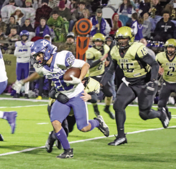 YARDLEY ON THE STOP - Rison's Dolten Yardley brings down Bismarck's running back Johnny Diaz during first quarter action. Yardley was one of the Wildcats' leading tackles and also had a fumble recovery near the end of the third quarter that allowed Rison to go up by two scores, 24-12, in the final period. (Photo by Chris Phillips)