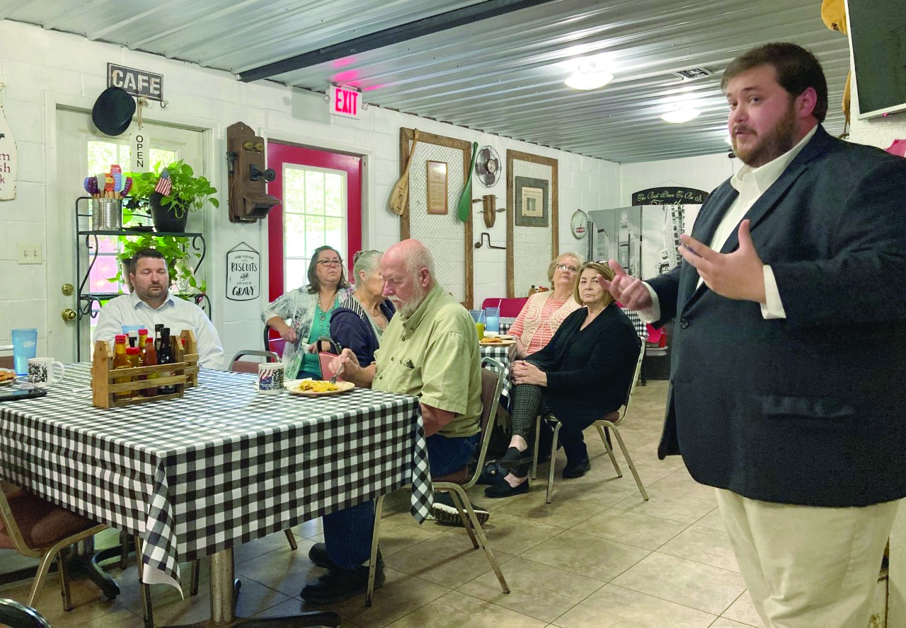 GILMORE HOLDS BREAKFAST MEETING IN RISON - Current District 26 and future District 1 State Senator Ben Gilmore of Crossett (right) speaks to about two dozen people gathered for a breakfast meeting at the Main Street Cafe in Rison last Wednesday morning. While Gilmore currently represents the eastern half of Cleveland County as the District 26 state senator, he will represent the entire county as the District 1 state senator beginning Jan. 1.
