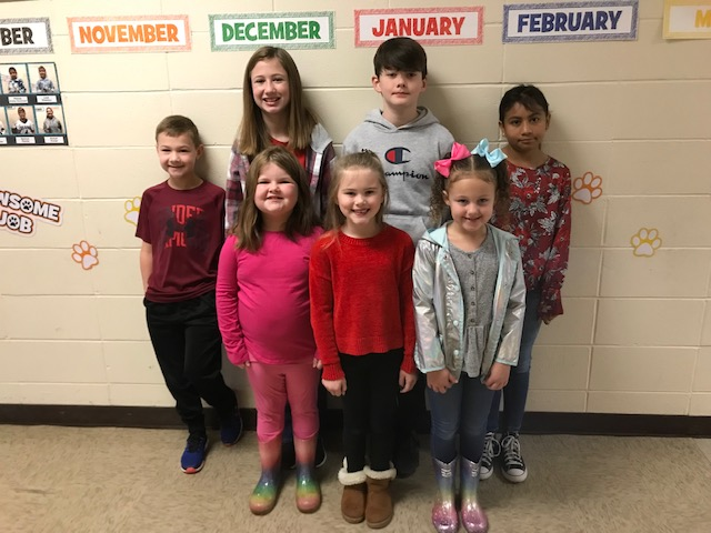 Woodlawn Elementary November Students of the Month - These students exhibited “gratitude,” which was the November ‘Paw’sitive Word of the Month at Woodlawn Elementary. Pictured are Front Row: Ellarae Zorneck (1st grade), Landree Sullivan (2nd grade), Grace McDaniel (Kindergarten); Back Row: Ryler Shell (3rd grade), Shelby Nooner (5th grade), Easton Franks (6th grade), Jennifer Botello (4th grade).