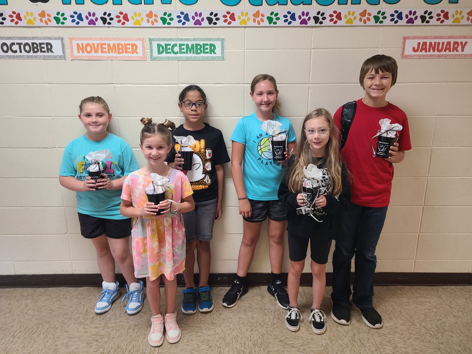 These students consistently exhibited good behavior and were nominated by their homeroom teacher. Left to Right: Monroe Chastain (3rd grade), Brixlee VanDuren (1st grade), Zion Purifoy (4th grade), Cassie Roberts (5th grade), Norah Parkerson (2nd grade), Scottlee Squires (6th grade).  Not pictured: Meredith Lowe (kindergarten).