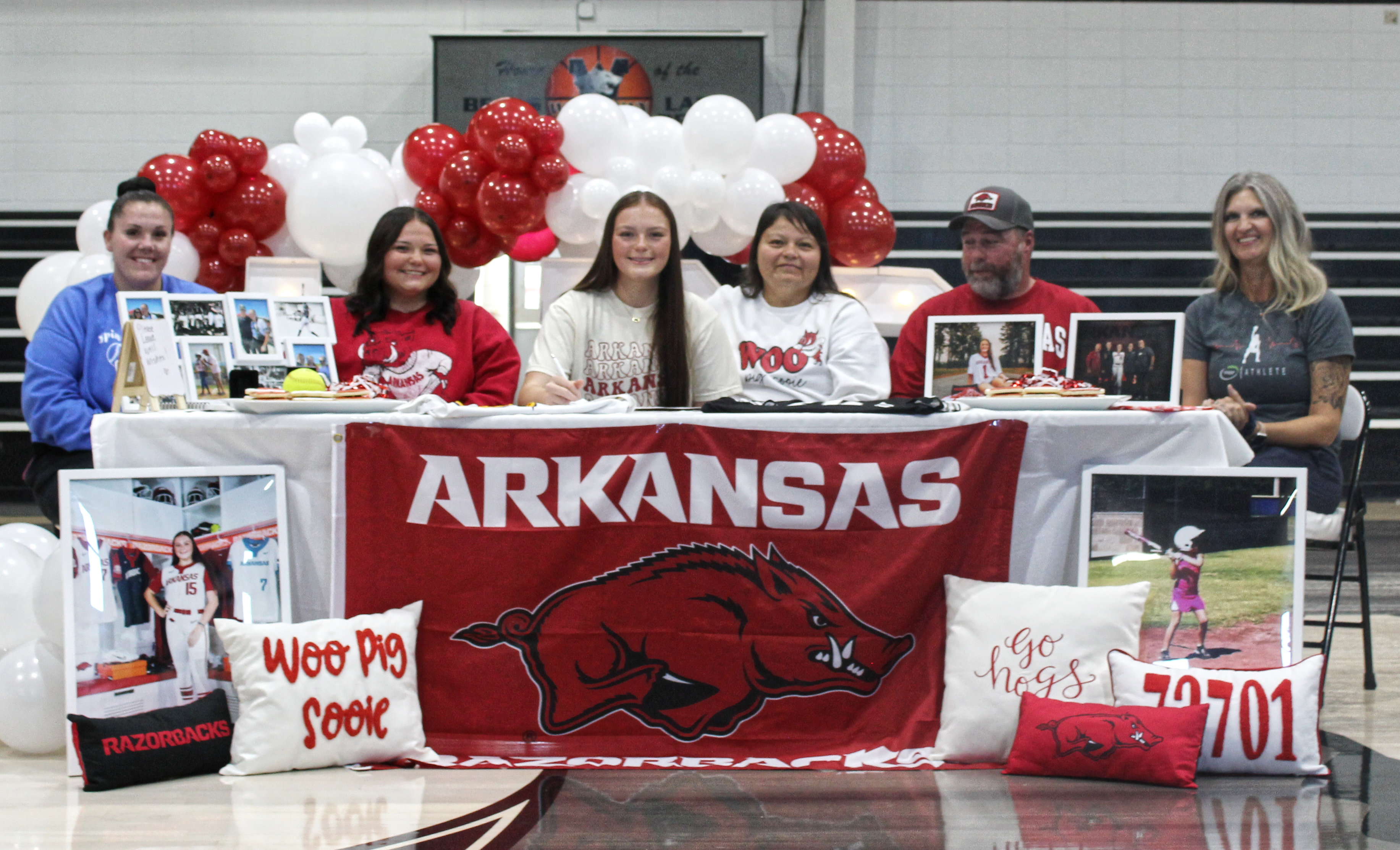 McWHORTER SIGNS WITH UNIVERSITY OF ARKANSAS - Woodlawn Lady Bears pitcher/first baseman Lillie-Faye McWhorter signed a National Letter of Intent last Wednesday to play softball for the University of Arkansas Razorbacks. Pictured are (left to righ) Maylie Corbitt, Allie McWhorter, Lillie-Faye McWhorter, Gayla McWhorter, Charles McWhorter and Monica Napier.