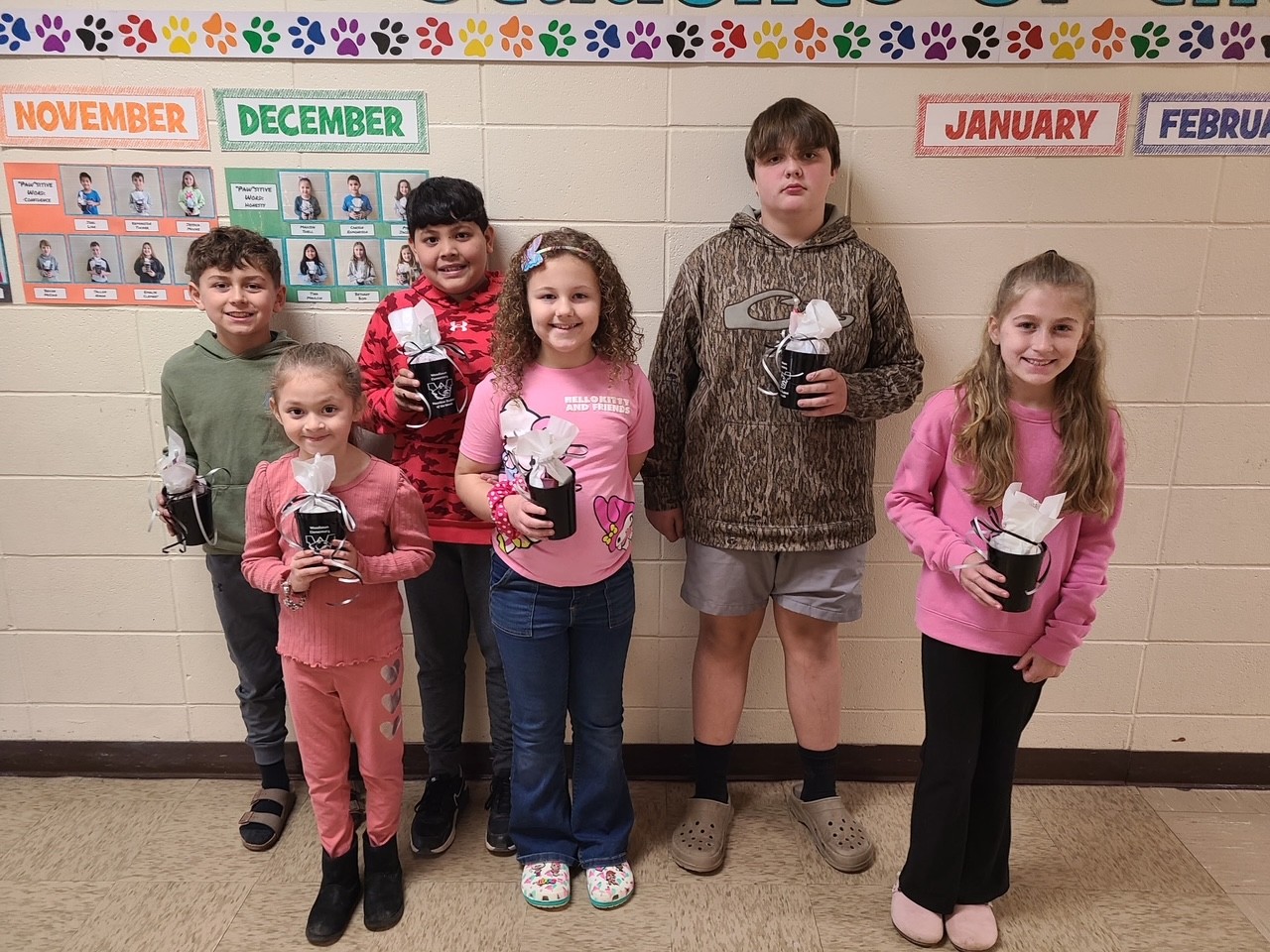 WES JANUARY STUDENTS OF THE MONTH - These Woodlawn Elementary students were nominated by their homeroom teachers for exhibiting good behavior and kindness throughout the month of January. Pictured left to right are: Grant Rushing (3rd Grade), Dalezya Pineda (1st Grade), Davis Huitt (5th Grade), Grace McDaniel (2nd Grade), Wyatt Parker (6th Grade), Hadley Smith (4th Grade). Not Pictured: Hudson Lavender (Kindergarten).