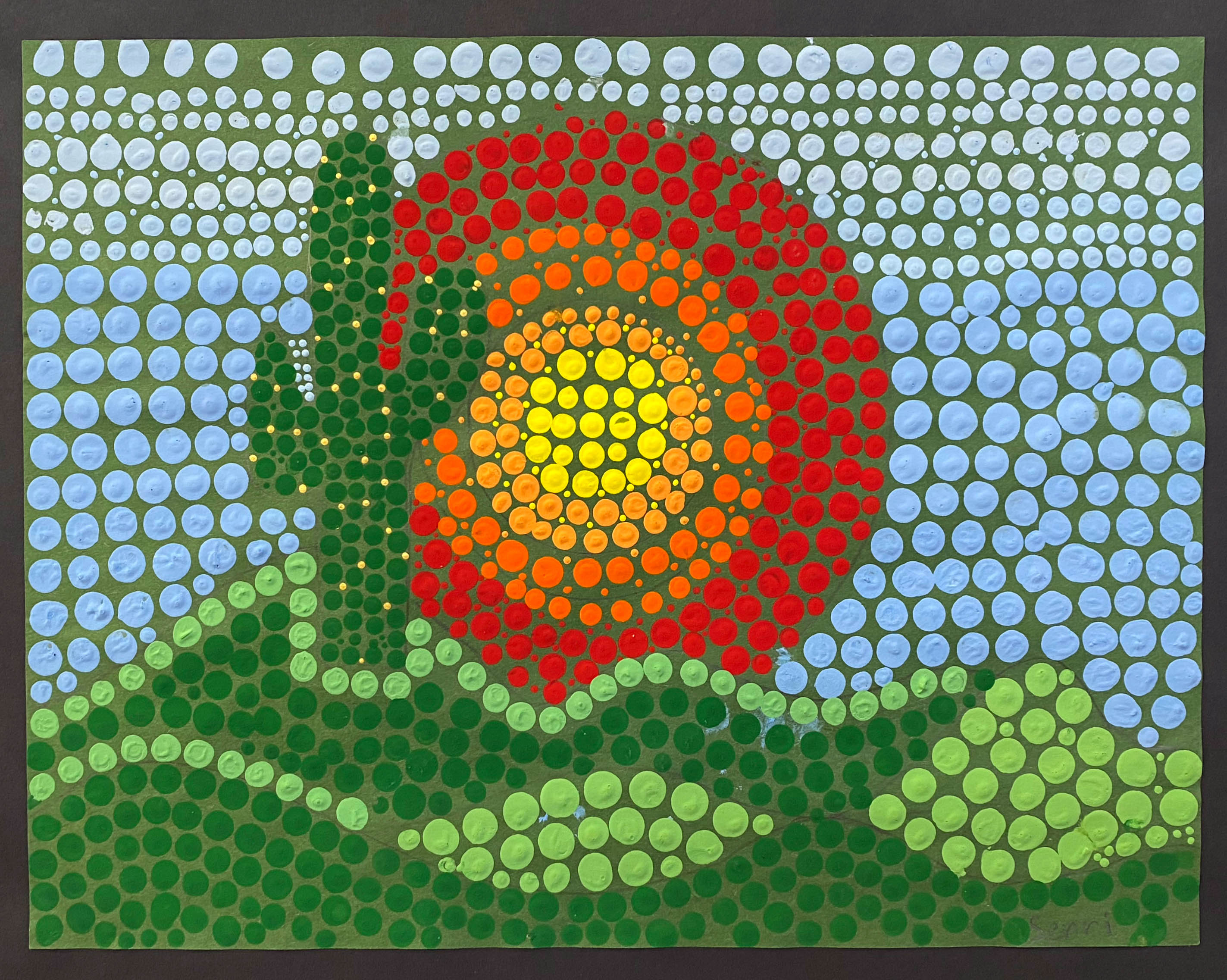 Tempera artwork by Senri Chin, a third grader from Woodlawn Elementary School, titled “Alma Thomas Inspired Cactus Sunset”