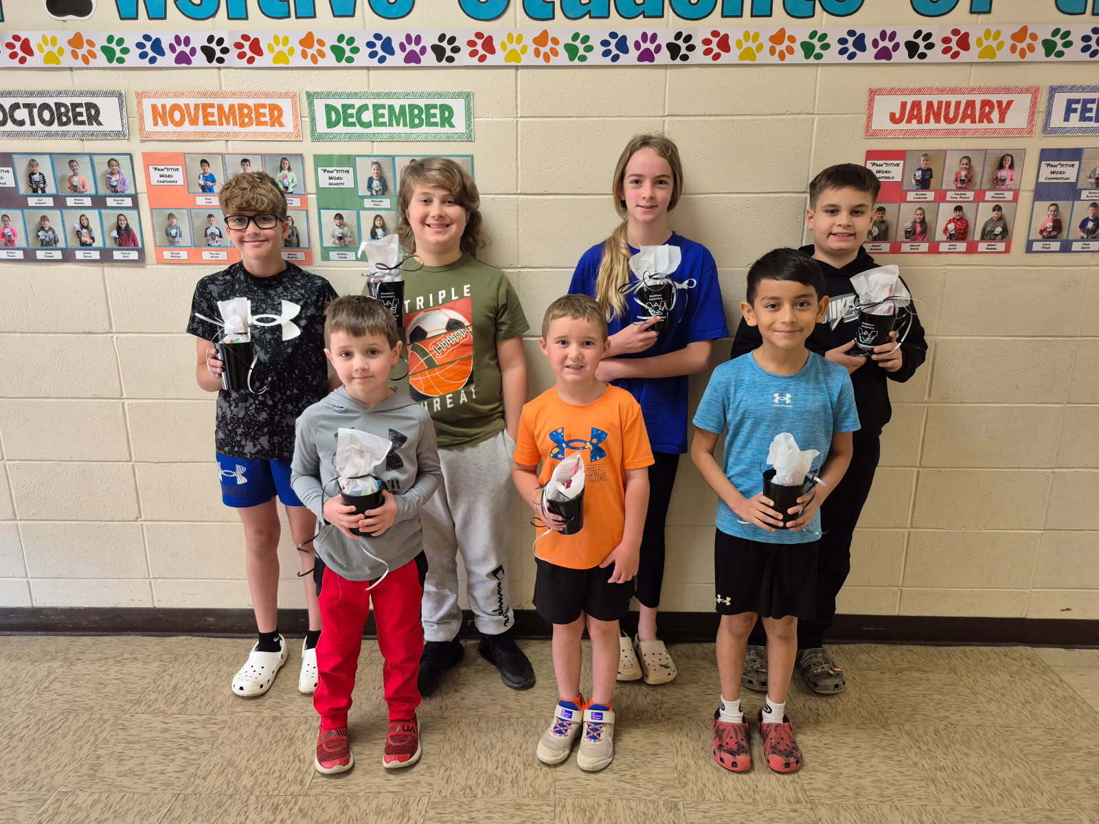 WES MARCH STUDENTS OF THE MONTH - These students were nominated by their homeroom teachers for exhibiting good behavior and kindness throughout the month. Left to Right: Bentley Gober (5th), Jake Hill (1st), Jestin Chastain (6th), Huck Long (K), Addison Young (4th), Bryant Botello-Pacheco (2nd), and Cayden Bolen (3rd).