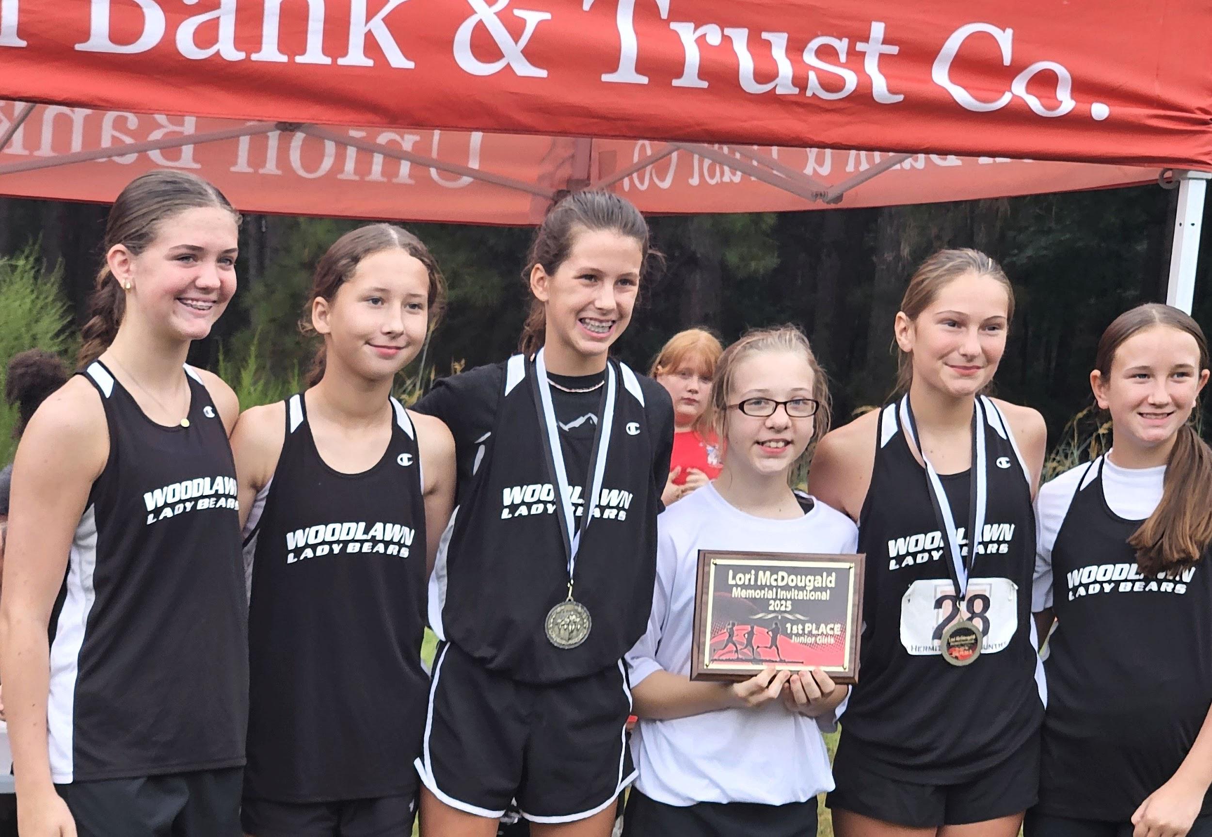 WOODLAWN JUNIOR GIRLS WIN MEET - Woodlawn Coach Autumn Lem reports the Woodlawn Junior Lady Bears cross country team finished first at the recent Lori McDougald Memorial Invitational meet held at Moro Bay. Pictured (left to right) Lindsey Doss, Aly Ashcraft, Abigail Stone (5th overall), Isabelle Lowe, Joleene Holland (8th overall) and Ella Richardson. The meet was hosted by Hermitage High School.