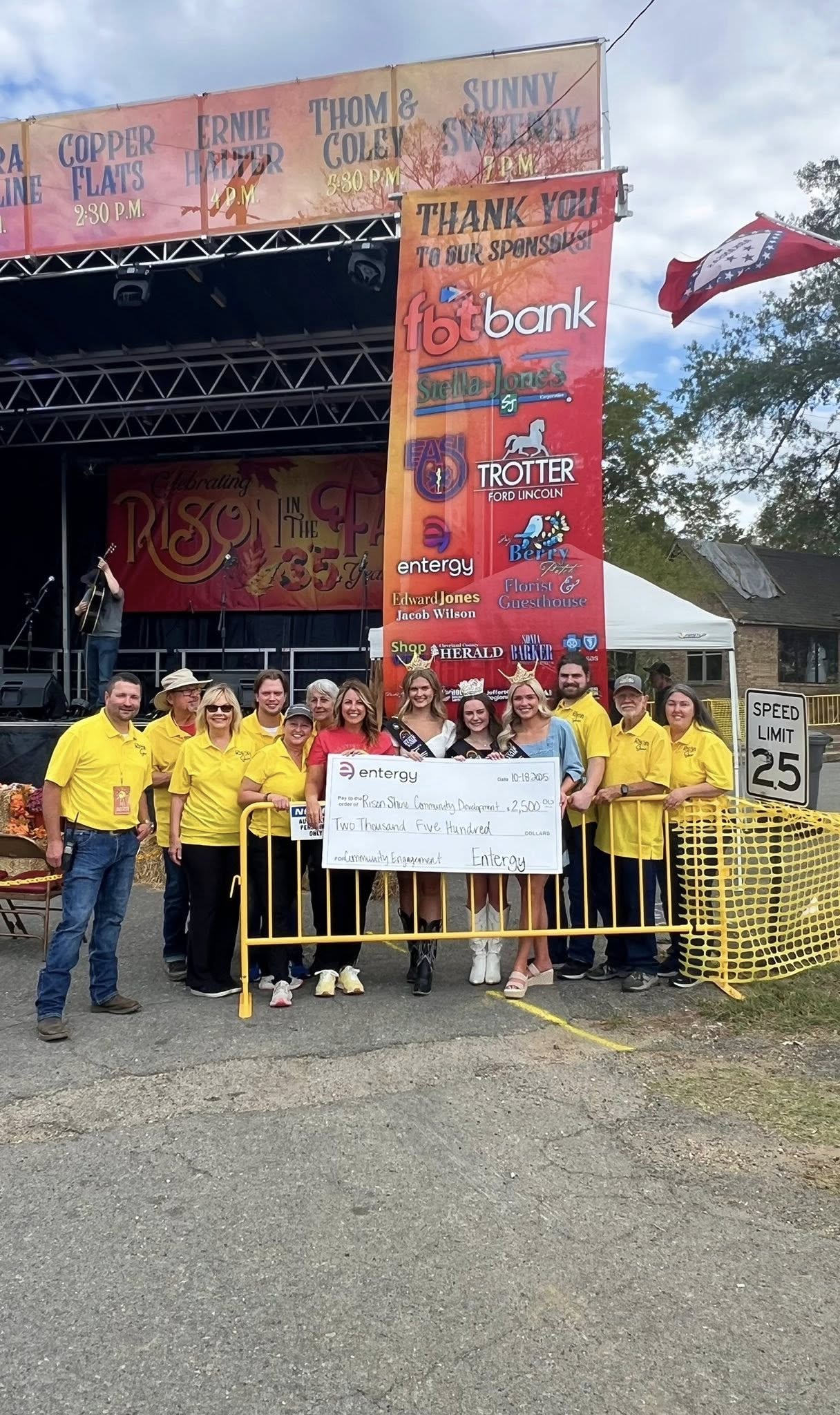 Rison Shine members are pictured left to right: Vice President Keden Shrum, Mayor Charles Roberts, Connie Roberts, Festival Director Douglas Boultinghouse, Grant Writer Stacy Walz, Malinda Berry, Entergy Representative Amanda Killingsworth, Junior Miss Cleveland County Brynne Stover, Junior Miss Southeast Arkansas District Fair Alivia Nixon, Miss Cleveland County Cain Wilkins, Austin Compton, Roy Phillips and President Kristy Strother.