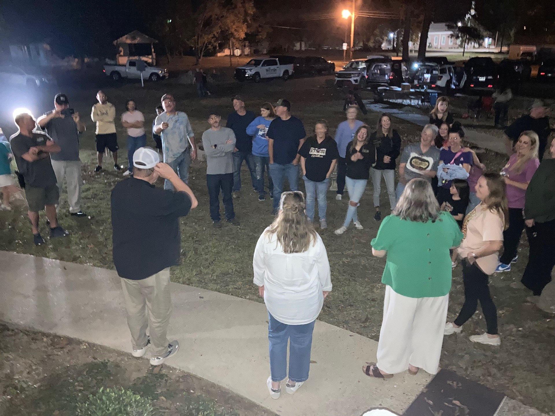 CELEBRATION TIME - Cleveland County School District Superintendent Davy King (lower left) addresses the crowd of supporters who gathered at the courthouse to await the results. King credited many of them with putting in the work to finally get the millage approved after two other attempts in 2021 and 2022 came up short. 