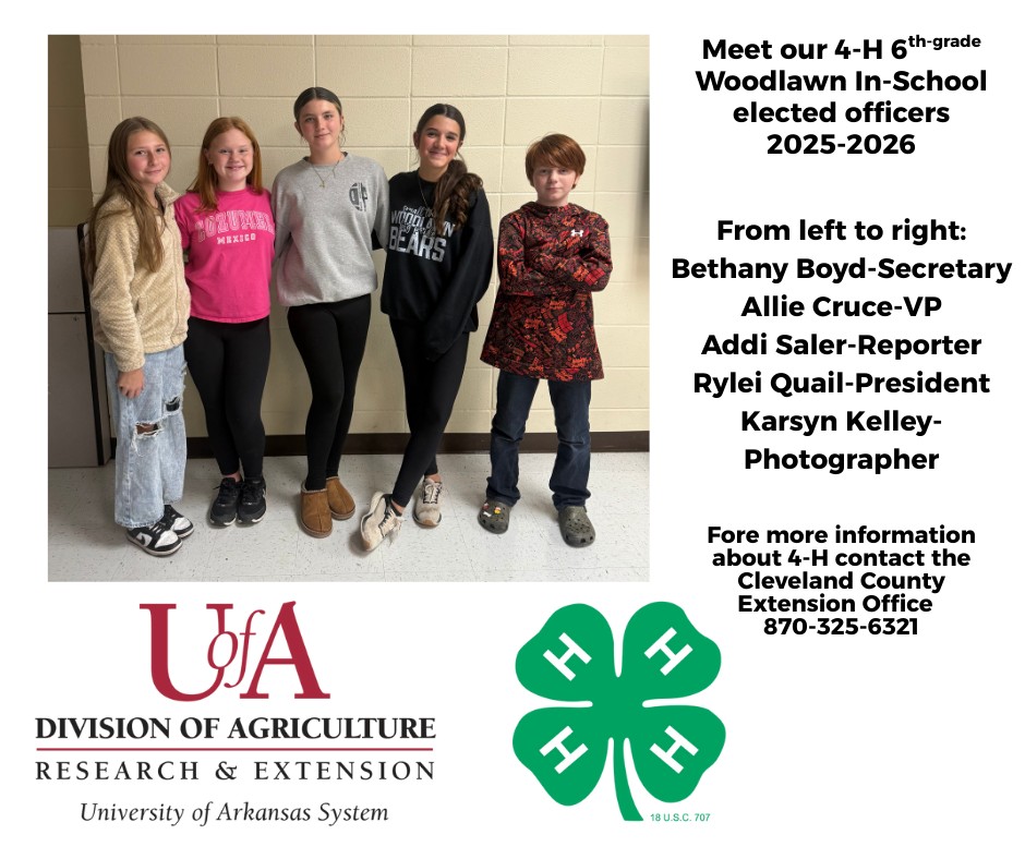 WOODLAWN - The U of A Division of Agriculture Extension Office announces the Woodlawn 6th Grade 4-H Officers. Pictured left to right are Bethany Boyd, secretary; Allie Cruce, vice president; Addi Saler, reporter; Rylei Quail, president; and Karsyn Kelley, photographer. For more information about 4-H, contact the Extension Office at (870) 325-6321.