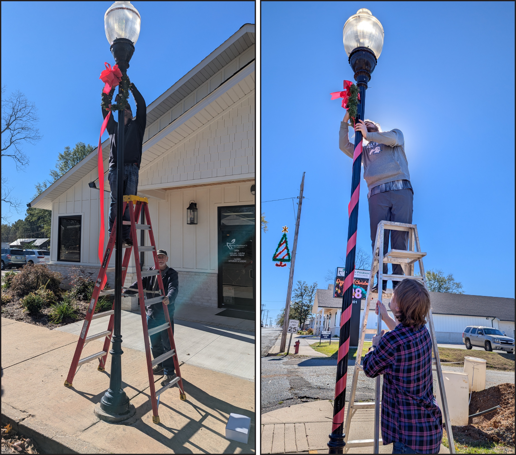 IT’S BEGINNING TO LOOK A LOT LIKE CHRISTMAS - Rison Shine Community Development members decorated the lamp posts on Main Street in Downtown Rison Wednesday, Nov. 26 in preparation of the holiday season. Rison Shine will host the Cleveland County Christmas Parade Thursday, Dec. 11. Pictured are Vice President Keden Shrum, Roy Phillips, Austin Compton and Secretary/Treasurer Douglas Boultinghouse.