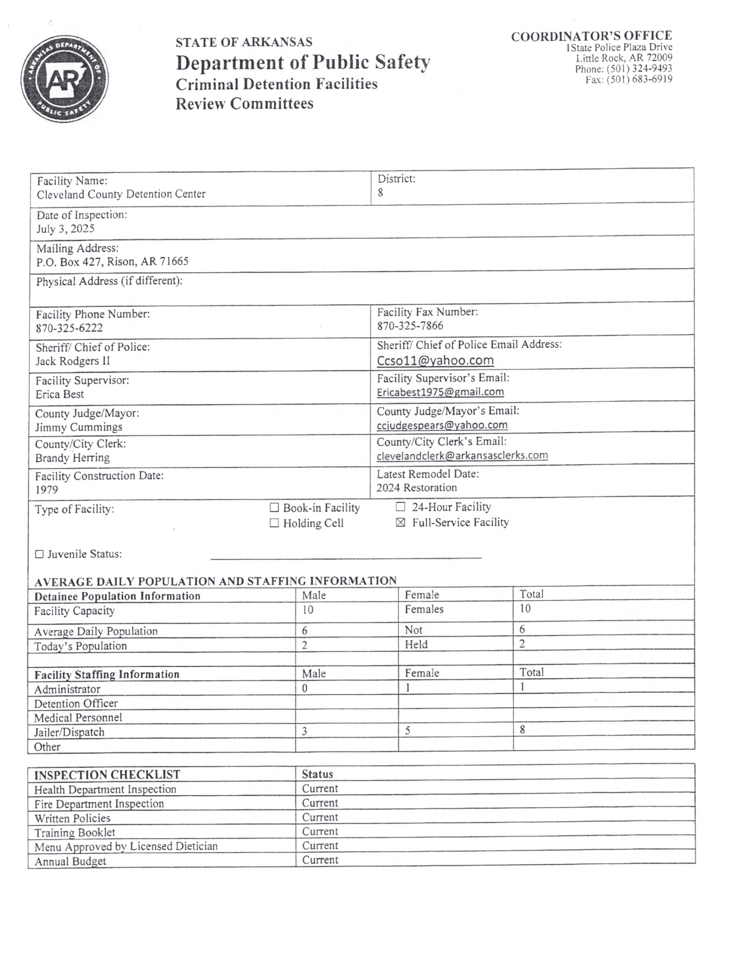 Cleveland County Jail Certification - Page 1