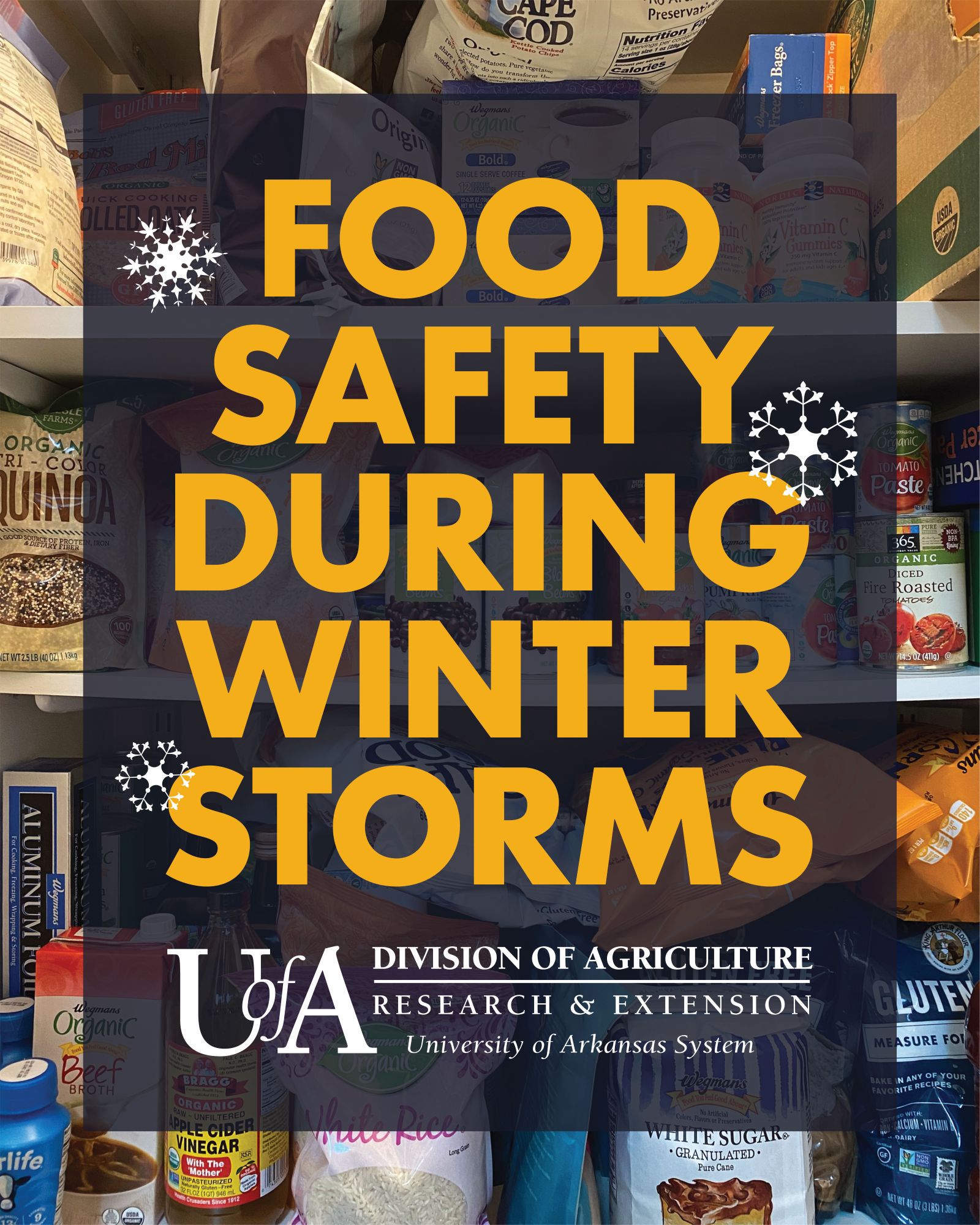 PRACTICE FOOD SAFETY — Extension experts recommend stocking up on nutritious, shelf-stable foods prior to a winter storm or potential power outage. (UADA graphic.) 