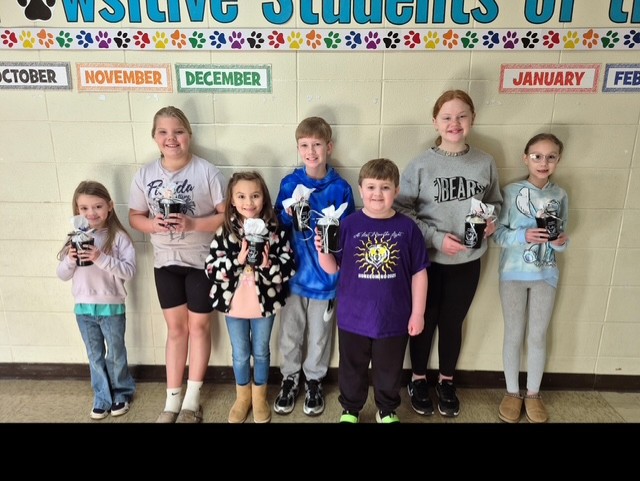 WES January Students of the Month - These students were nominated by their homeroom teachers for exhibiting good behavior and kindness throughout the month! Left to Right: Kennedy Massanelli (1st), Karli Seward (4th), Rylie Spakes (K), Tallon Nixon (5th), Ethan Scharf (2nd), Allie Cruce (6th), Norah Parkerson (3rd).