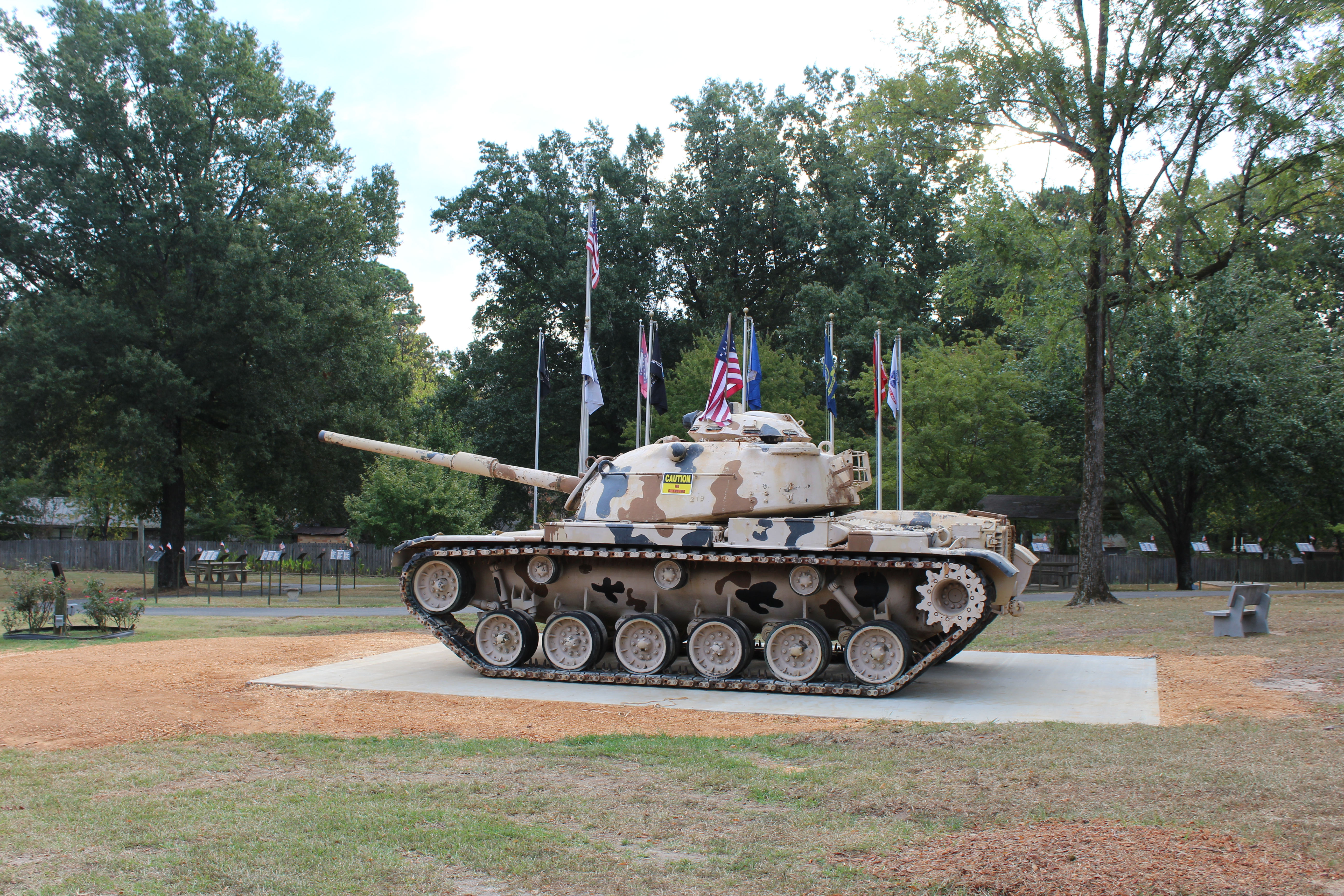 COMPLETED DISPLAY - An M60 tank painted in the Operation Desert Storm camouflage pattern is now on permanent display at the Cleveland County Veterans Park in Rison.  The M60 tank is an improved version of the M48 Patton tank. It was produced from 1960 through 1987, and was used extensively during Operation Desert Storm in 1991.