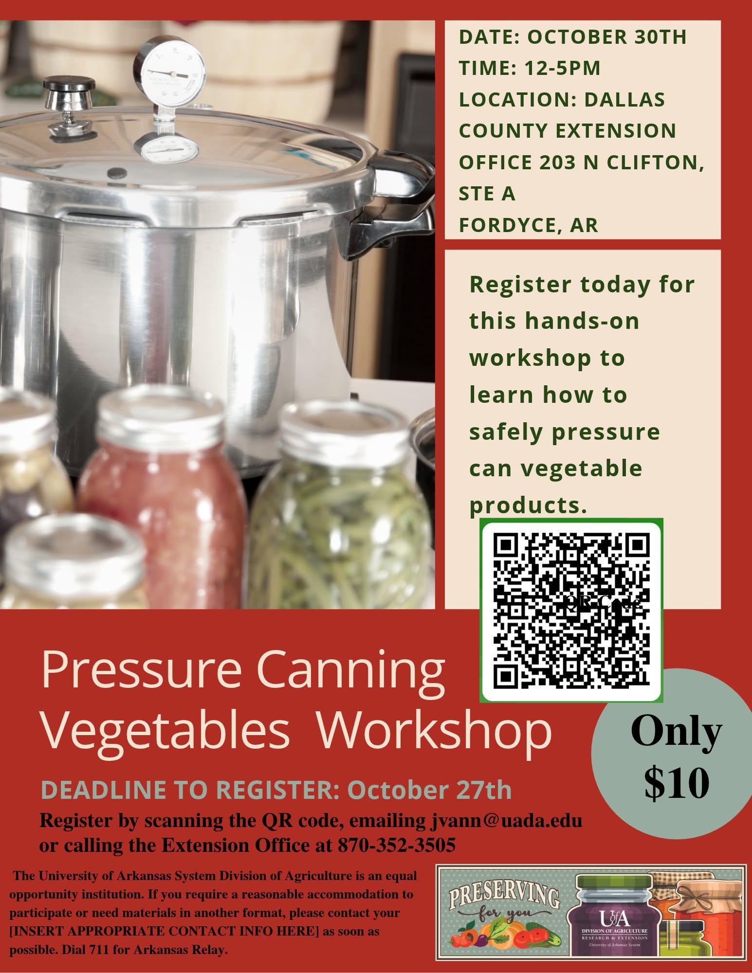 Pressure Canning Workshop Set for Oct. 30 in Fordyce