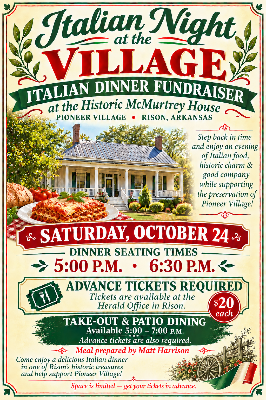 Pioneer Village Will Host Italian Dinner Oct. 24 at McMurtrey House