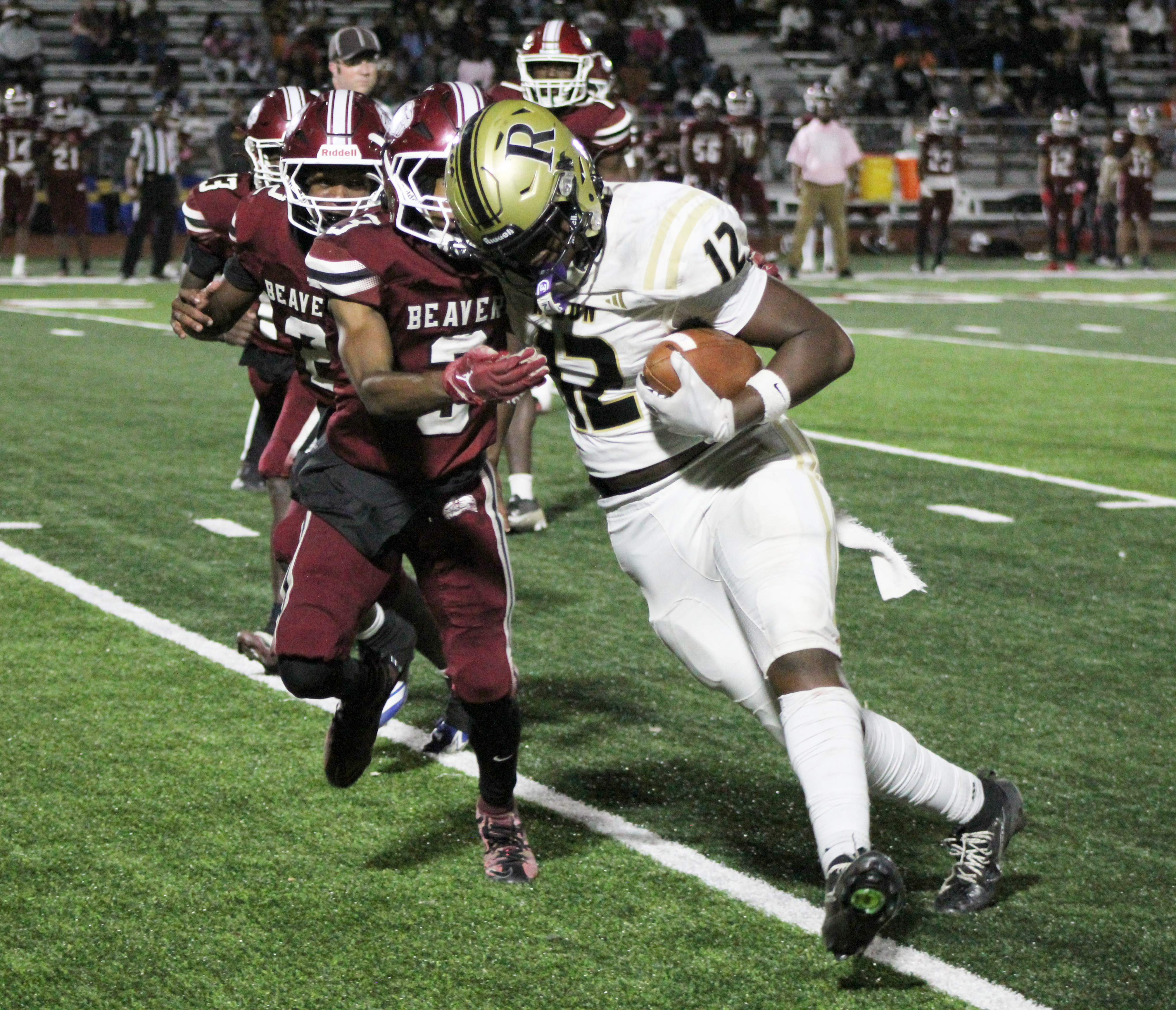 BIG CATCH FOR FRESHMAN - Rison’s freshman tight end Isaiah Hamilton hauls in a 14-yard reception from sophomore quarterback Logan McGarity in a key 15-play scoring drive by the Wildcats that gave them a 39-36 lead with 1:33 left in the game.