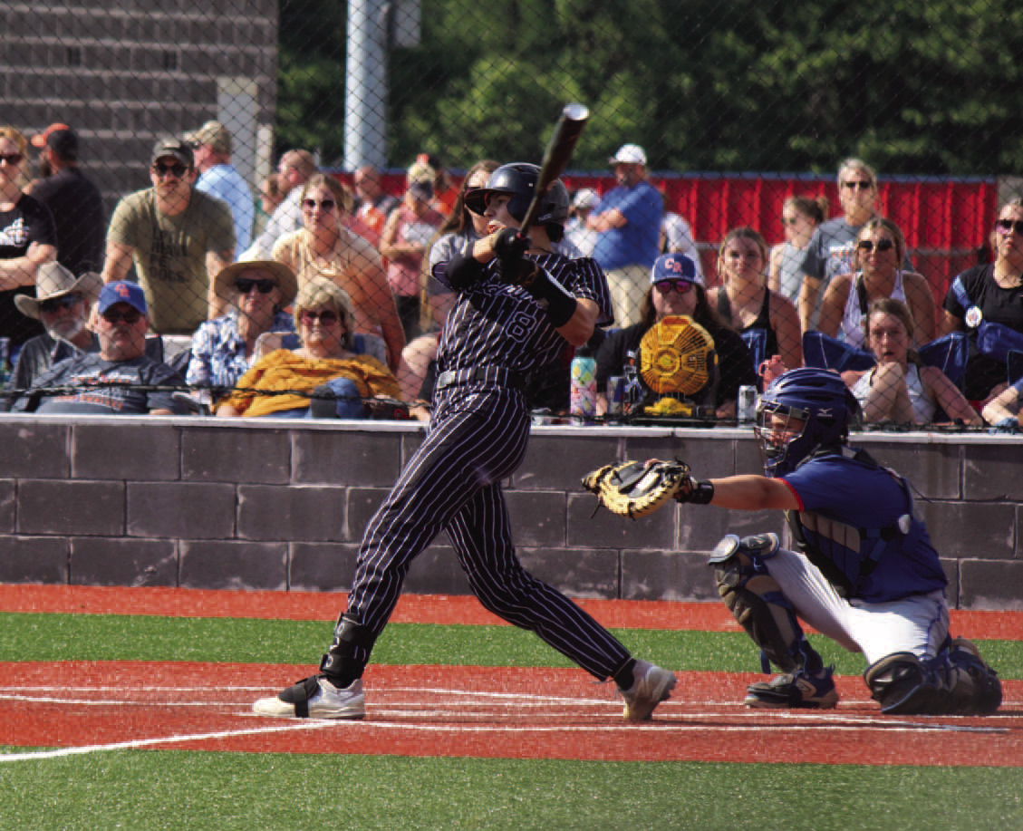 JOHNSON LAUNCHES TRIPLE - Woodlawn senior Aidan Johnson watches as he blasts a triple into centerfield to start the bottom of the sixth inning in the Class 2A state semifinal game against Cedar Ridge. Five of the Bears' 11 hits in the game went for extra bases. Johnson and Tate Hall both had triples while Hall, Peyton Wells and Jayden Wilmoth had doubles.