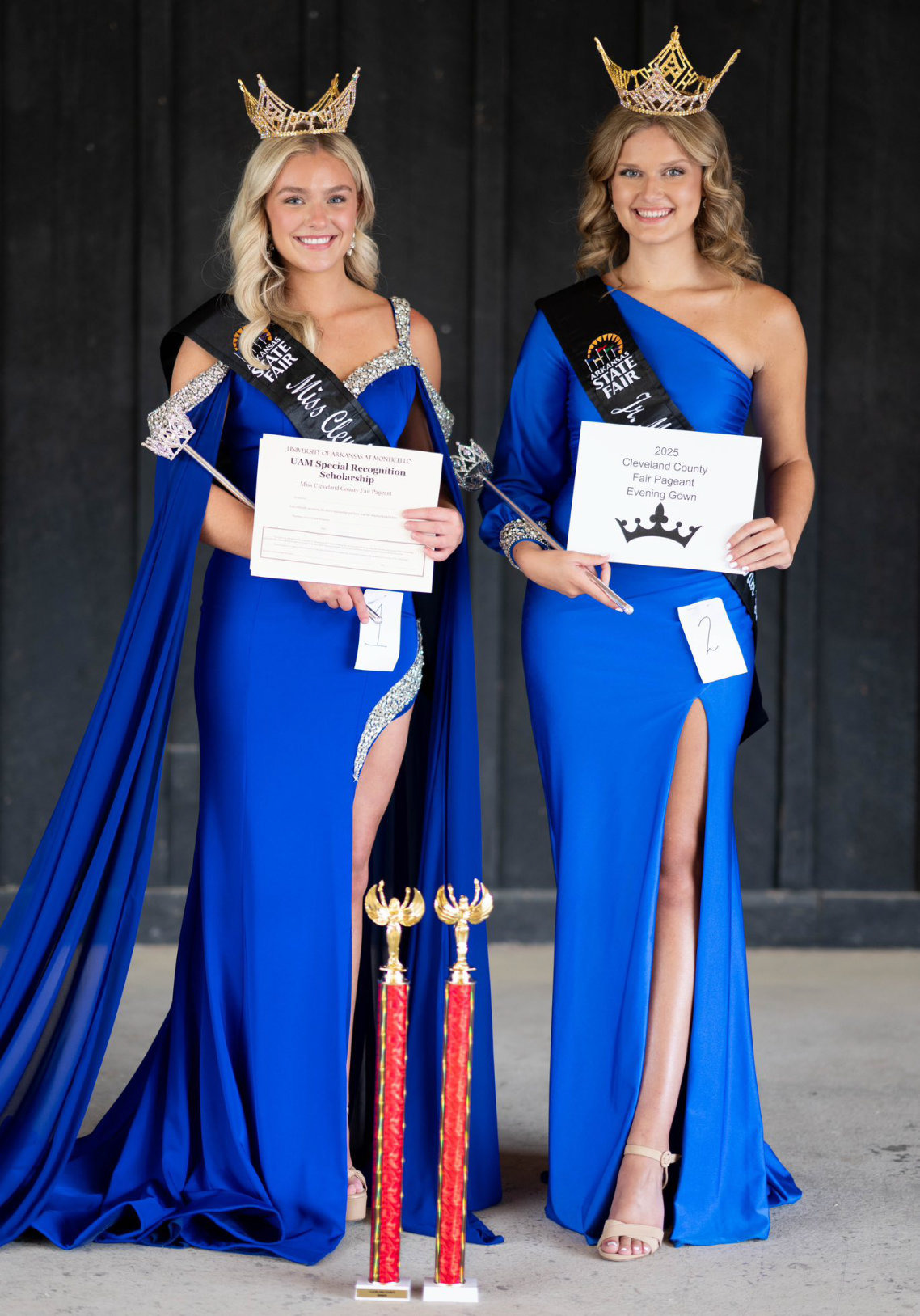 FAIR QUEENS - Cain Wilkins (left) was crowned the 2025 Miss Cleveland County and Brynne Stover (right) was crowned the 2025 Junior Miss Cleveland County Teen during the annual pageant held Saturday, Sept. 13 in advance of Fair Week. The two queens will compete in October at the Arkansas State Fair pageant. (Photo by Meredith Wilkins).