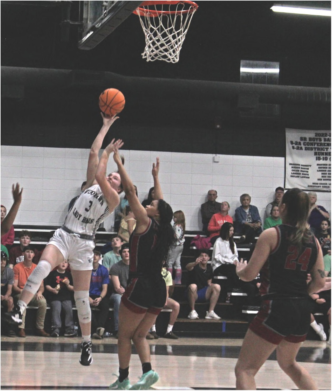 FITZGIBBON SPARKS EARLY LADY BEAR RUN - Woodlawn senior Anna Fitzgibbon goes up for a shot In second half action of the 8-2A District Tournament championship game against the Fordyce Ladybugs at the Woodlawn Gym last Thursday night. Fitzgibbon scored 10 of her game-high 22 points In the first quarter as the Lady Bears led 19-3 after the end of the opening period.
