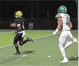 MARSHALL TAKES IT TO THE HOUSE - Rison's Jeremiah Marshall (left) pulls away from Hoxie's Prechton Wilkerson after hauling in a pass from Owen Morrison as the Wildcats cut the Mustangs' lead to 21-6 on the first play of the second quarter.