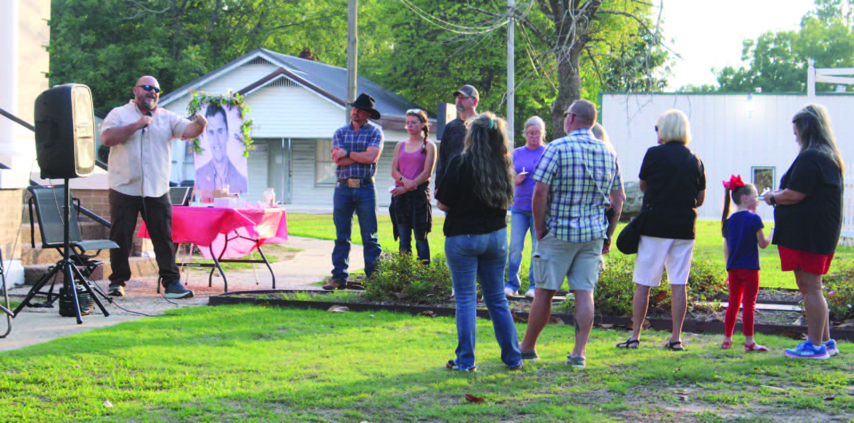 REMEBERING CHARLIE KIRK - Pastor Kevin Hornaday (left) of Freed om Assembly in Rison told those attending Saturday's Charlie Kirk vigil at the courthouse in Rison that the nation could be in the early days of revival, and encouraged all churches in the county to carry out the Gospel message.