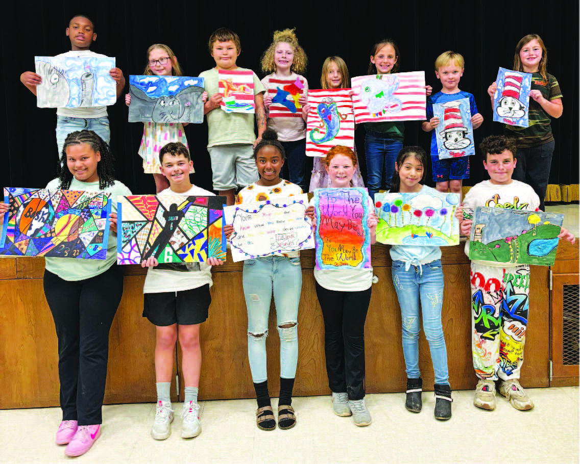 RISON ELEMENTARY ARTISTS OF THE MONTH: MARCH - Bottom row, left to right: Lia Arp, Bryant Branch, Brentleigh Dodds, Olivia Lawson, Emily Morales, Jaxson Pennington; Top row, left to right: Ayden Spenc er, Laycee McMahon, Draven Dominguez, Ireland Horne, Annabelle Besaw, Piper Phillips, Jett Gray, Tessa Stephenson.