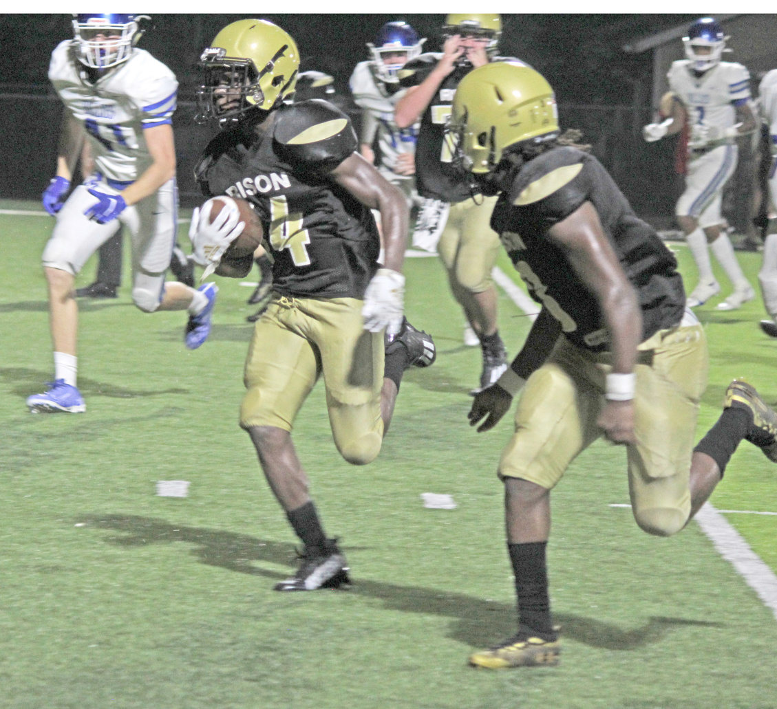 GO-AHEAD SCORE - Rison’s DJ Kines (left, no. 14) breaks loose for a 15-yard touchdown run with 1:36 left in the game to give the Wildcats their first lead, 19-14. Monticello, after seeing its 14-0 halftime lead disappear, mounted a late rally to score with 26 seconds left to pull out a 20-19 victory. Also pictured for Rison is slot player ZaKyler Walker (right, no. 3).