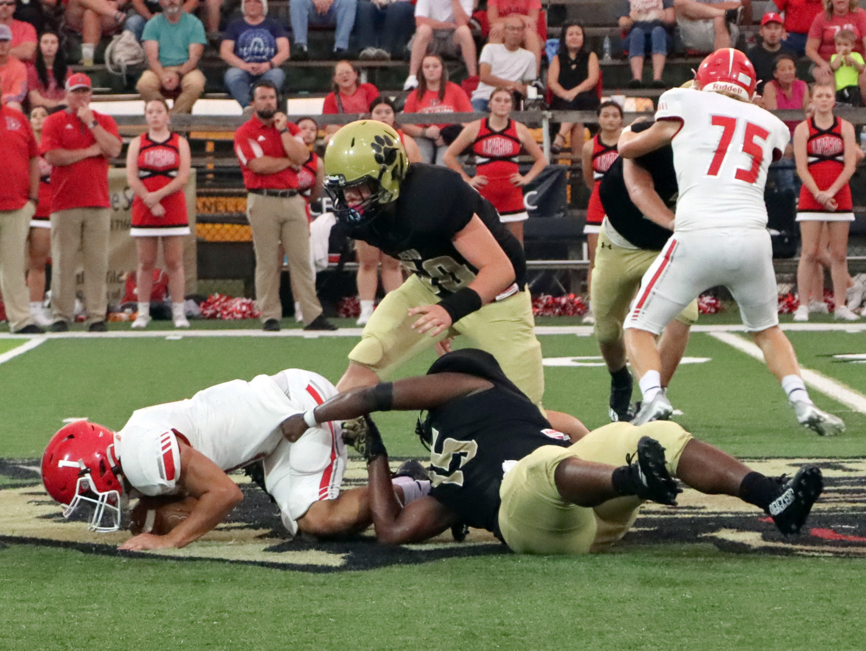 BIG GAME FOR BOSWELL - Rison senior defensive end Roger Boswell (bottom making tackle) brings down Dardanelle’s All-State quarterback Drew Vega during first half action. Wildcat Coach Clay Totty said Boswell was the team’s leading tackler against the Sand Lizards. (Photo by Chris Phillips)
