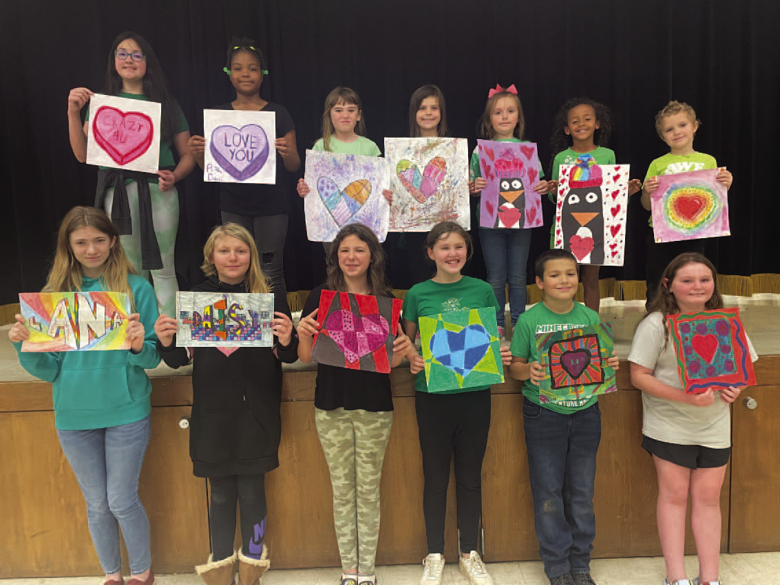 RISON ELEMENTARY ARTISTS OF THE MONTH (FEBRUARY) - Bottom row, left to right: Lana Brown, Daisy Duke, Khloe Carder, Clara Strother, Zeffrey Harlow, Brentlee Arnold; Top row: Zoey Sanders, Rh'Lee Davis, Alice, Williams, KenVie Mitchell, Belle Brown, Arianna Nelson, and Miles Womble. (Not pictured: Aliana Coleman)