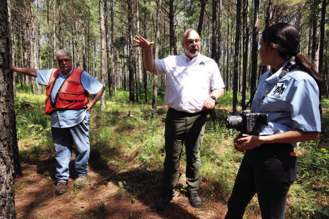 FORESTRY FILMING - UAM Forestry Instructors film a piece on forest operations located south of Collins, Arkansas. Pictured are Mike Pennington, President of Monticello-based forestry and logging company L.D. Long Inc.; Dr. Matthew Pelkki, Director Arkansas Center for Forrest Business, UAM Forest Economist; and Ana Gutierrez, Research Assistant, Arkansas Center for Forest Business, University of Arkansas at Monticello. Photo courtesy of Lonnie Tegels.