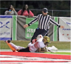 JUST THAT CLOSE - Rison's Braylin Bennett comes up just inches short of a touchdown after returning a kickoff 80 yards in the second quarter. Bennett's big return came just after Drew Central had scored a touchdown and converted a two-point conversion to make it 14-8 with 1:53 left in the first half. Wildcat quarterback Owen Morrison punched it in on the next play to give Rison a 21-8 lead at halftime. (Photo by Chris Phillips)