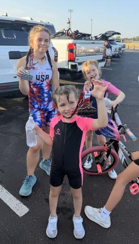 Bottom photo is youth triathlete completers Harleigh, Wesleigh and Lucy. (Submitted by Sassy and Papa Les)