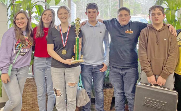 RISON QUIZ BOWL WINS REGIONAL JUNIOR HIGH TOURNAMENT - The Riso n Junior High Quiz Bowl team won first place at the AGQBA Regional Tournament 2A. Millie Montgomery was named the MVP and All-Star of the tournament. The team qualifies for the state tournament. Pictured are (left to right) Paige Tidwell, Elin Bradley, Millie Montgomery, Hugh Morrison, Harper Robinson and Gibson Terry.