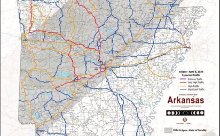 TRAFFIC MANAGEMENT PLAN FOR APRIL SOLAR ECLIPSE - The highlighted roadways in the map above are the ones that the Arkansas Department of Transportation expects to see the highest volume of traffic affiliated with sightseers wanting to experience the total solar eclipse on April 8. The path of total coverage is about 100 miles wide and is shaded in gray on this map. While Cleveland County is just outside the path of totality, it is still expected to see 97 to 99 percent of the sun covered by the moon.