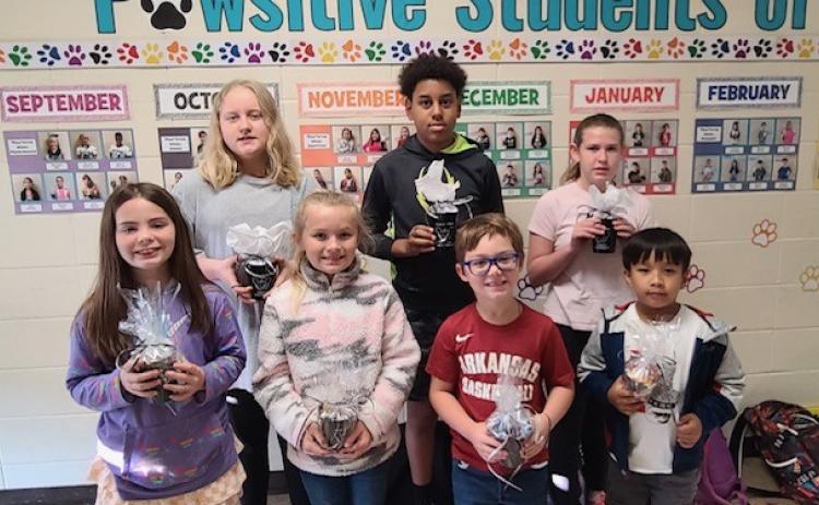 These students exhibited “Self-Confidence,” which was the April ‘Paw’sitive word of the month. Pictured are (back row) Sweden Kushmaule (6th grade), Duke Scott (5th grade), MiKayla Zorn (4th grade); (front row) Taylor Clary (3rd grade), Everly Vinson (2nd grade), Graysen King (1st grade), Joseph Cung (kindergarten).