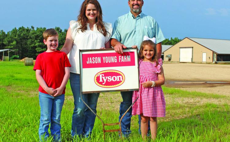 CLEVELAND COUNTY FARM FAMILY OF THE YEAR - Jason and Debbie Young of Rye, along with their children Slade and Winnie, are the 2023 Cleveland County Farm Family of the Year. The Youngs operate eight broiler houses for Tyson and maintain more than 200 acres that includes pasture and hay fields to maintain what is currently 55 head of mixed breed cattle.