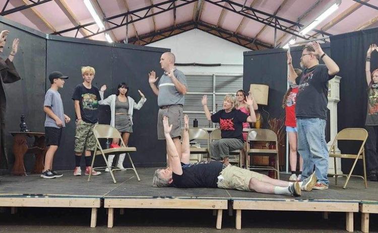PLAY PRACTICE - The cast of Cleveland County Community Theater's "Meet The Creeps" practices at the County Fairgrounds. The first performance of the show will be held next Saturday, Aug. 26 in Rison. Tickets are on sale now and can be purchased at the Cleveland County Herald office on Main Street.
