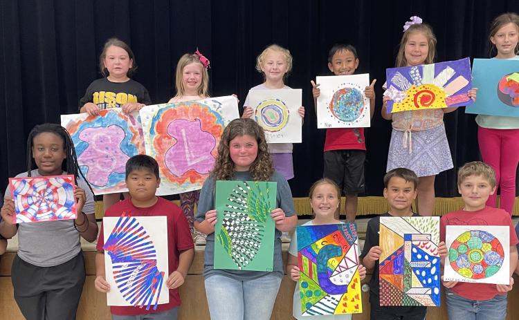 RISON ELEMENTARY ARTISTS OF THE MONTH - Bottom row L to R: Taylor Morris, Raphael Caldwell, Samuel Mang, Ella Peyton, Carly Greenlee, Ean Rhodes, Dalton Phillips, and Paul Bray; Top Row L to R: Sawyer Easterling, Lucy Leopard, Brinley Johnson, Nun Fambawl, Lilah Tidwell, and Faith Hoover.
