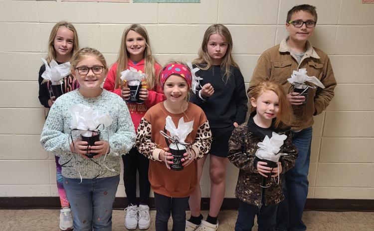 These students consistently exhibited good behavior and were nominated by their homeroom teachers for the month of October. Front Row: Monroe Chastain (2nd grade), Amerie Lampkin (1st grade), Declan Wynn (Kindergarten); Back Row: Addison Young (3rd grade), Grayson Reed (4th grade), Melodi Wright-McCoy (5th grade), Ryan McMickle (6th grade).