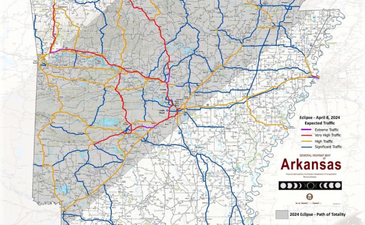 HEAVY TRAFFIC EXPECTED - The shaded area of this map released b y the Arkansas Department of Transportation shows the path of totality across the state for the April 8 solar eclipse. The highlighted highways indicates routes that are expected to see significant traffic in the days leading up to and immediately after the eclipse. The roads are color coded to indicate "extreme" to "significant" traffic situations.