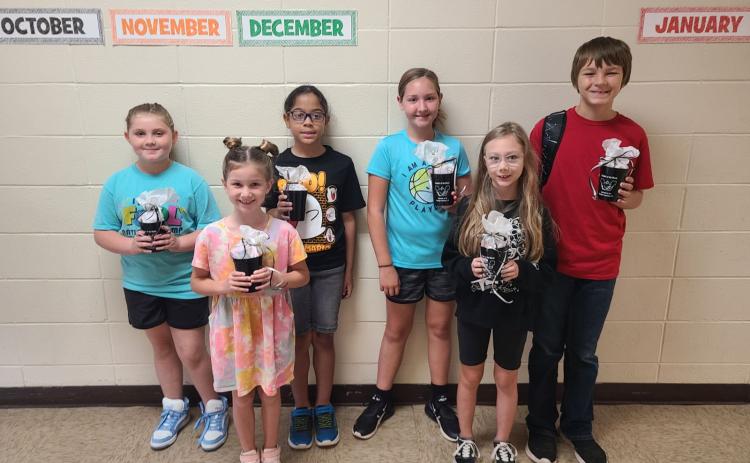 These students consistently exhibited good behavior and were nominated by their homeroom teacher. Left to Right: Monroe Chastain (3rd grade), Brixlee VanDuren (1st grade), Zion Purifoy (4th grade), Cassie Roberts (5th grade), Norah Parkerson (2nd grade), Scottlee Squires (6th grade).  Not pictured: Meredith Lowe (kindergarten).