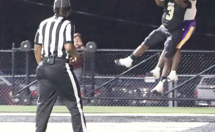 WALKER WITH THE STEAL - Rison sophomore cornerback Kyson Walker skies to intercept a Dumas pass in the end zone to leave the Bobcats empty handed on their first drive of the game. This was the first of two interceptions that Walker made in the game. He now has a total of five picks over the past three games. (Photo by Chris Phillips)