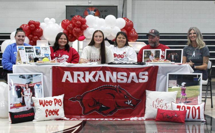 McWHORTER SIGNS WITH UNIVERSITY OF ARKANSAS - Woodlawn Lady Bears pitcher/first baseman Lillie-Faye McWhorter signed a National Letter of Intent last Wednesday to play softball for the University of Arkansas Razorbacks. Pictured are (left to righ) Maylie Corbitt, Allie McWhorter, Lillie-Faye McWhorter, Gayla McWhorter, Charles McWhorter and Monica Napier.