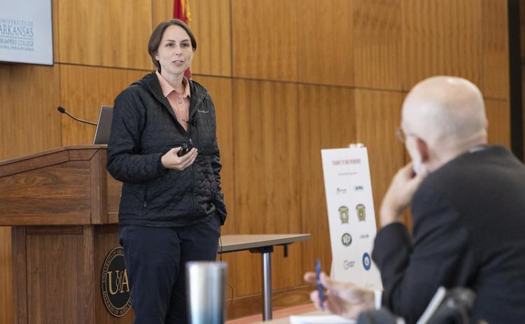 EGGS — Jada Thompson, assistant professor of agricultural economics and agribusiness with the Arkansas Agricultural Experiment Station, gave an overview of how highly pathogenic avian influenza affected egg prices and resulted in other economic impacts. (U of A System Division of Ag photo)