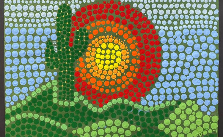 Tempera artwork by Senri Chin, a third grader from Woodlawn Elementary School, titled “Alma Thomas Inspired Cactus Sunset”