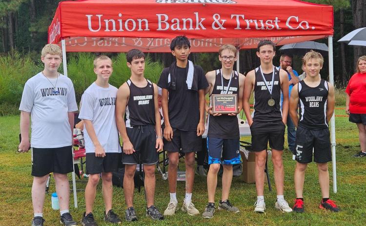 WOODLAWN BEARS WIN MEET - All five runners for the Woodlawn Bears boys cross country team recently finished in the top 20 at the Lori McDougald Memorial Invitational meet held at Moro Bay to win their division, Coach Autumn Lem reported. Picutred (left to right) are Danny Watkins, Dakota Sullivan, Tucker Hoyt, Cliserio Dominguez, Isaac Lowe (3rd place overall), Brayden Jones (4th place overall) and Justus Lowe.